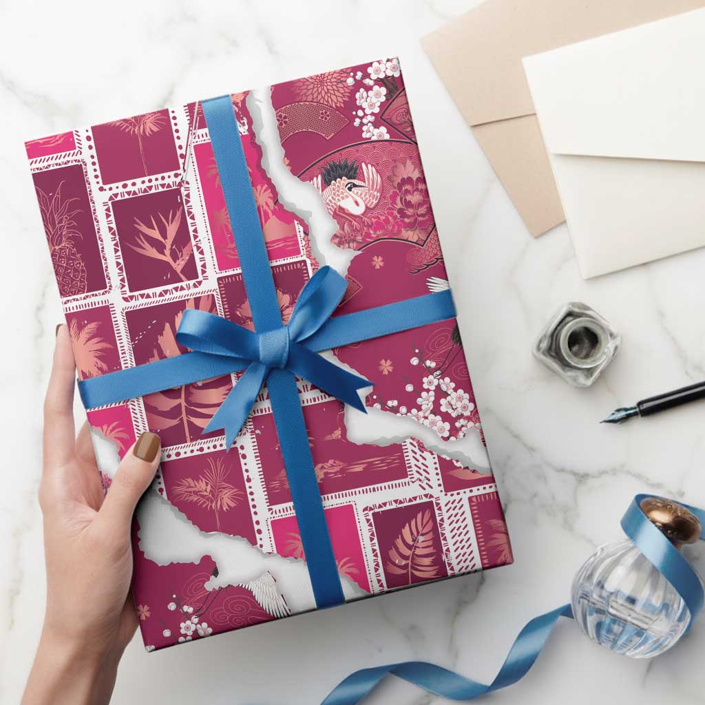 Hawaii Japanese Culture Pink Wrapping Paper Spring Cranes Aloha Pattern