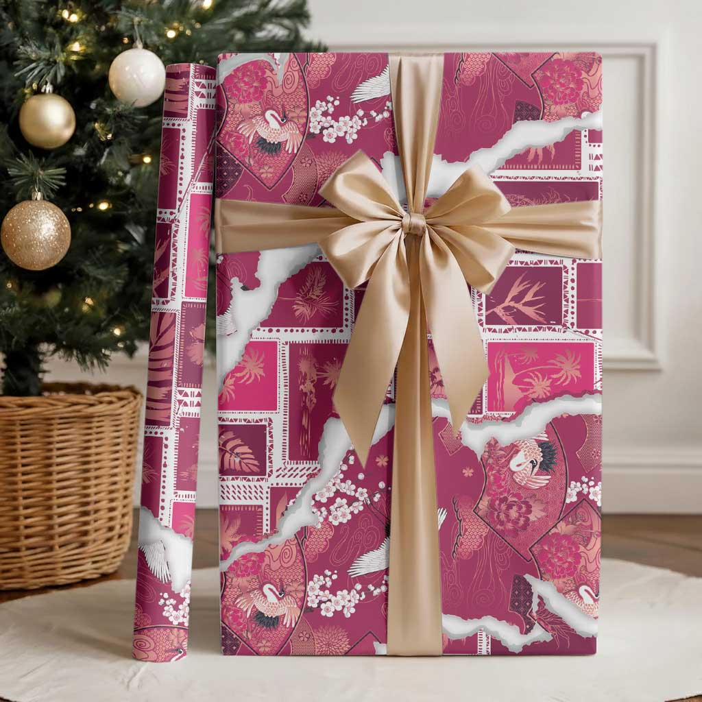 Hawaii Japanese Culture Pink Wrapping Paper Spring Cranes Aloha Pattern