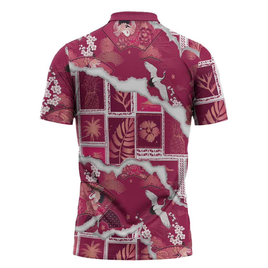 Hawaii Japanese Culture Pink Zipper Polo Shirt Spring Cranes Aloha Pattern