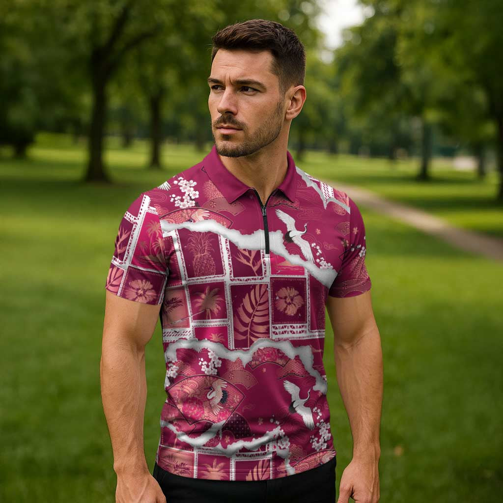 Hawaii Japanese Culture Pink Zipper Polo Shirt Spring Cranes Aloha Pattern