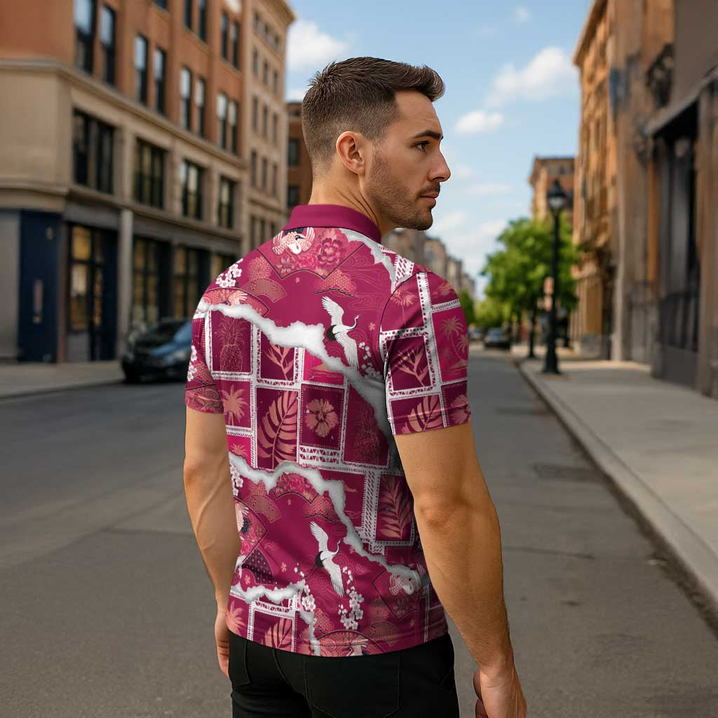 Hawaii Japanese Culture Pink Zipper Polo Shirt Spring Cranes Aloha Pattern