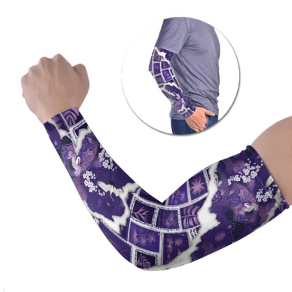 Hawaii Japanese Culture Purple Arm Sleeves Spring Cranes Aloha Pattern