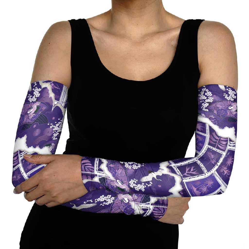 Hawaii Japanese Culture Purple Arm Sleeves Spring Cranes Aloha Pattern