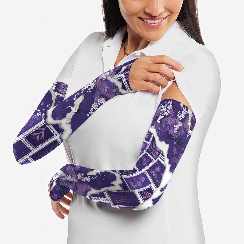 Hawaii Japanese Culture Purple Arm Sleeves Spring Cranes Aloha Pattern