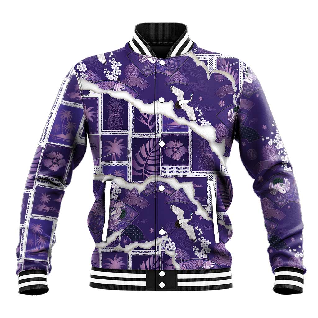 Hawaii Japanese Culture Purple Baseball Jacket Spring Cranes Aloha Pattern