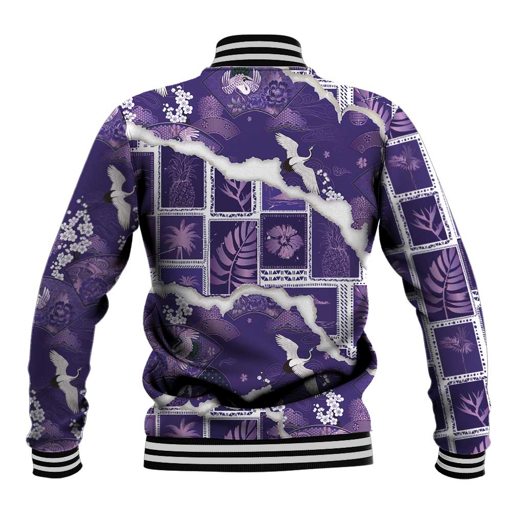 Hawaii Japanese Culture Purple Baseball Jacket Spring Cranes Aloha Pattern