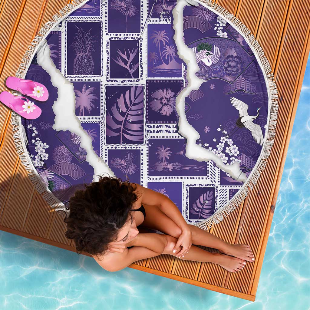 Hawaii Japanese Culture Purple Beach Blanket Spring Cranes Aloha Pattern