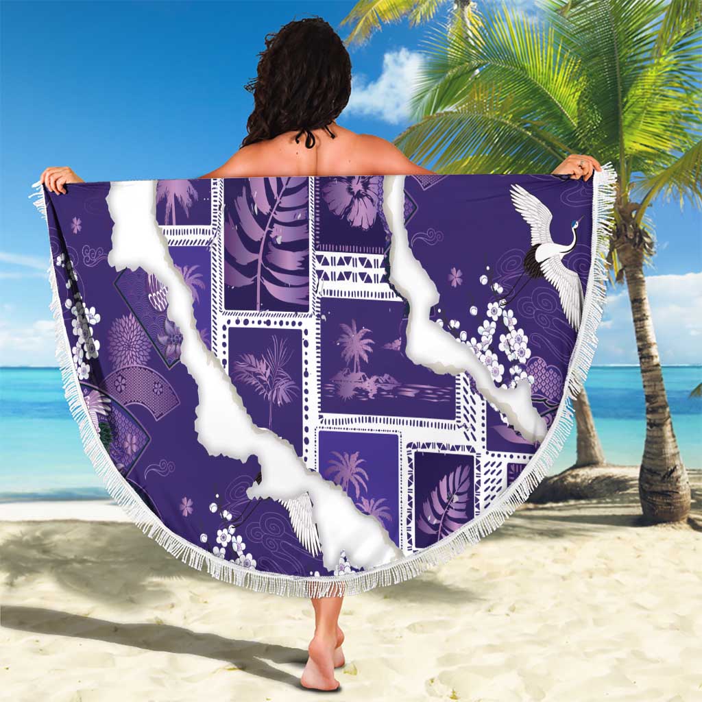 Hawaii Japanese Culture Purple Beach Blanket Spring Cranes Aloha Pattern