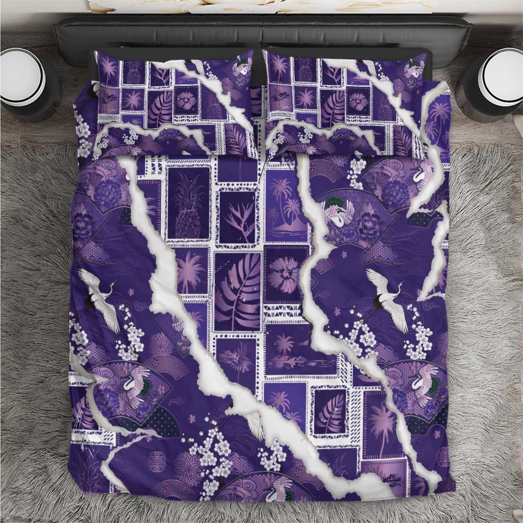 Hawaii Japanese Culture Purple Bedding Set Spring Cranes Aloha Pattern