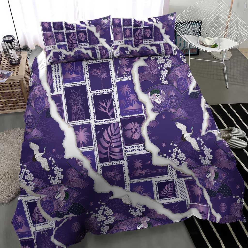 Hawaii Japanese Culture Purple Bedding Set Spring Cranes Aloha Pattern