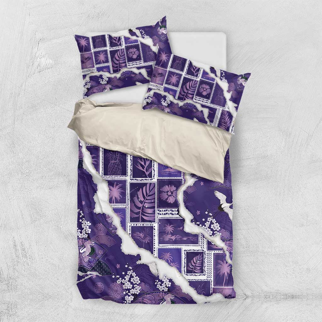 Hawaii Japanese Culture Purple Bedding Set Spring Cranes Aloha Pattern