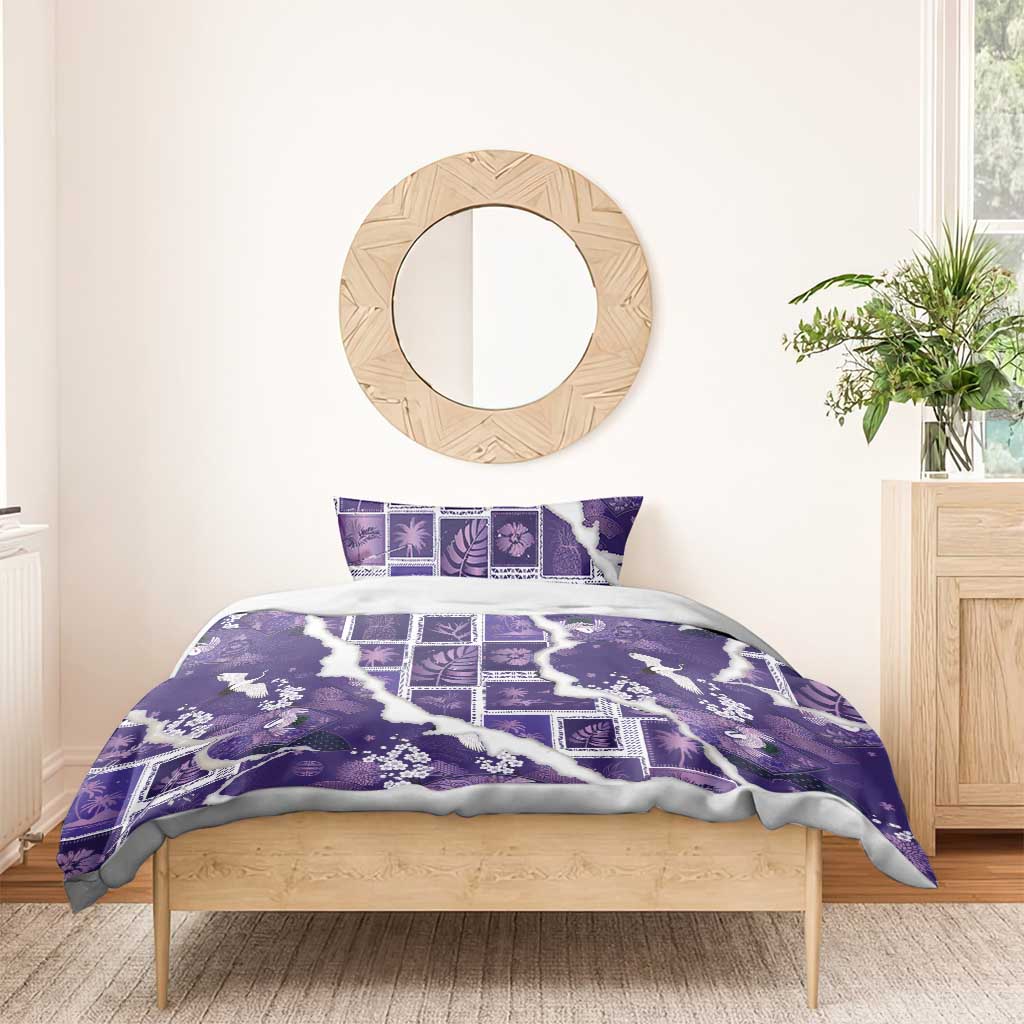 Hawaii Japanese Culture Purple Bedding Set Spring Cranes Aloha Pattern
