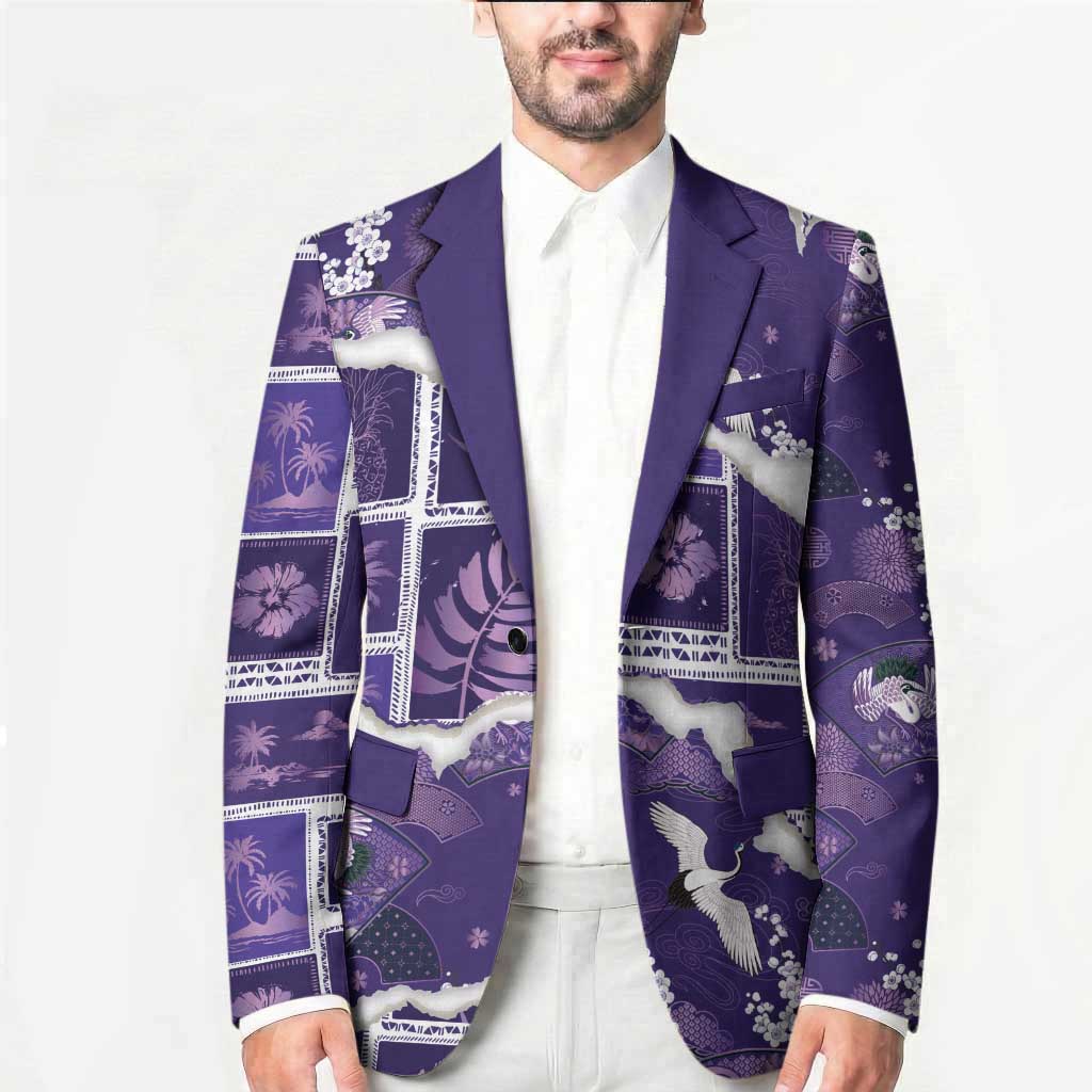 Hawaii Japanese Culture Purple Blazer Spring Cranes Aloha Pattern