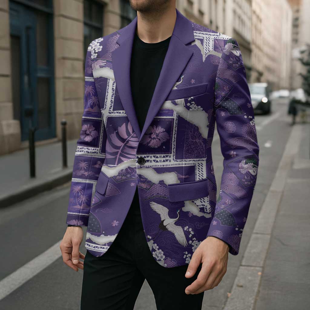 Hawaii Japanese Culture Purple Blazer Spring Cranes Aloha Pattern