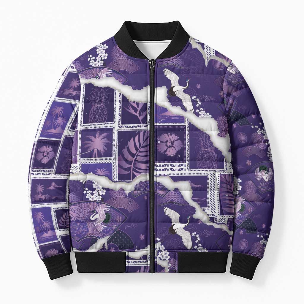Hawaii Japanese Culture Purple Bomber Puffer Jacket Spring Cranes Aloha Pattern LT01 Unisex Purple - Polynesian Pride
