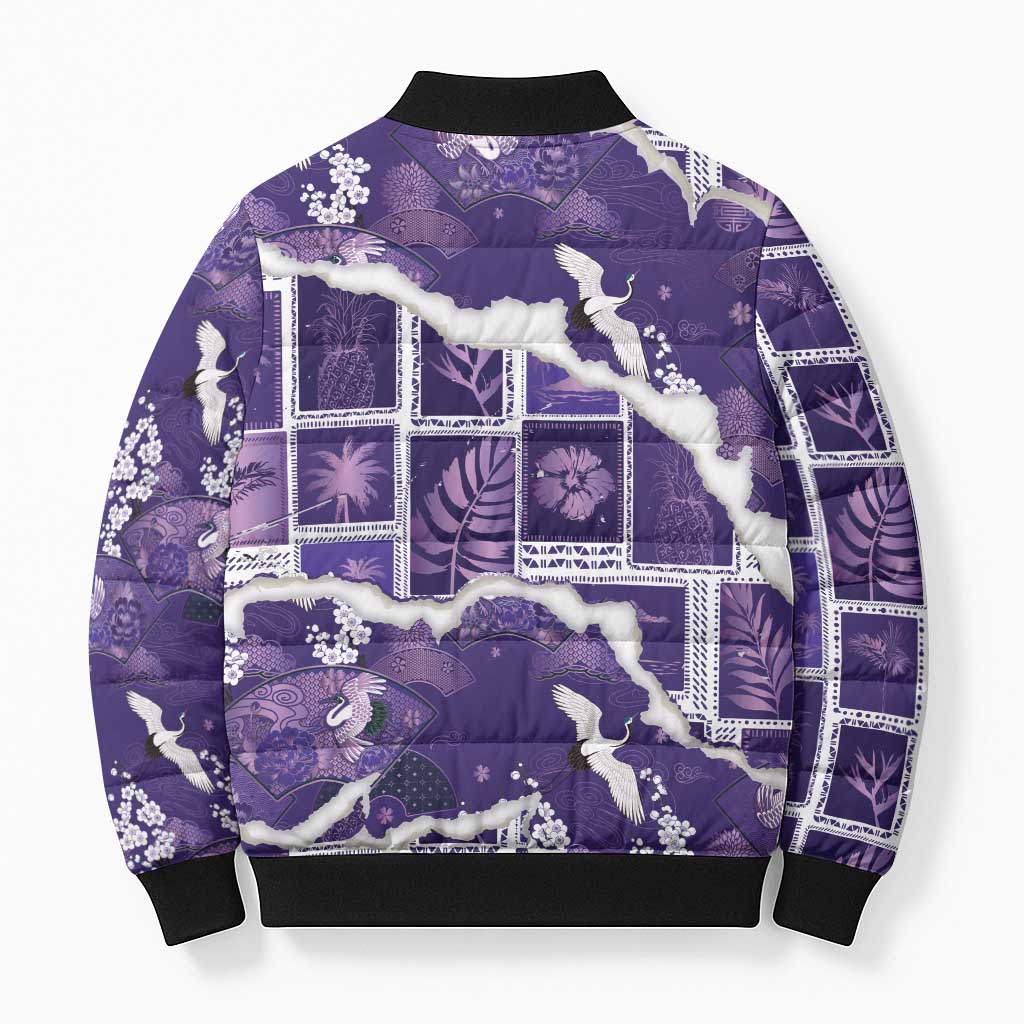 Hawaii Japanese Culture Purple Bomber Puffer Jacket Spring Cranes Aloha Pattern LT01 - Polynesian Pride