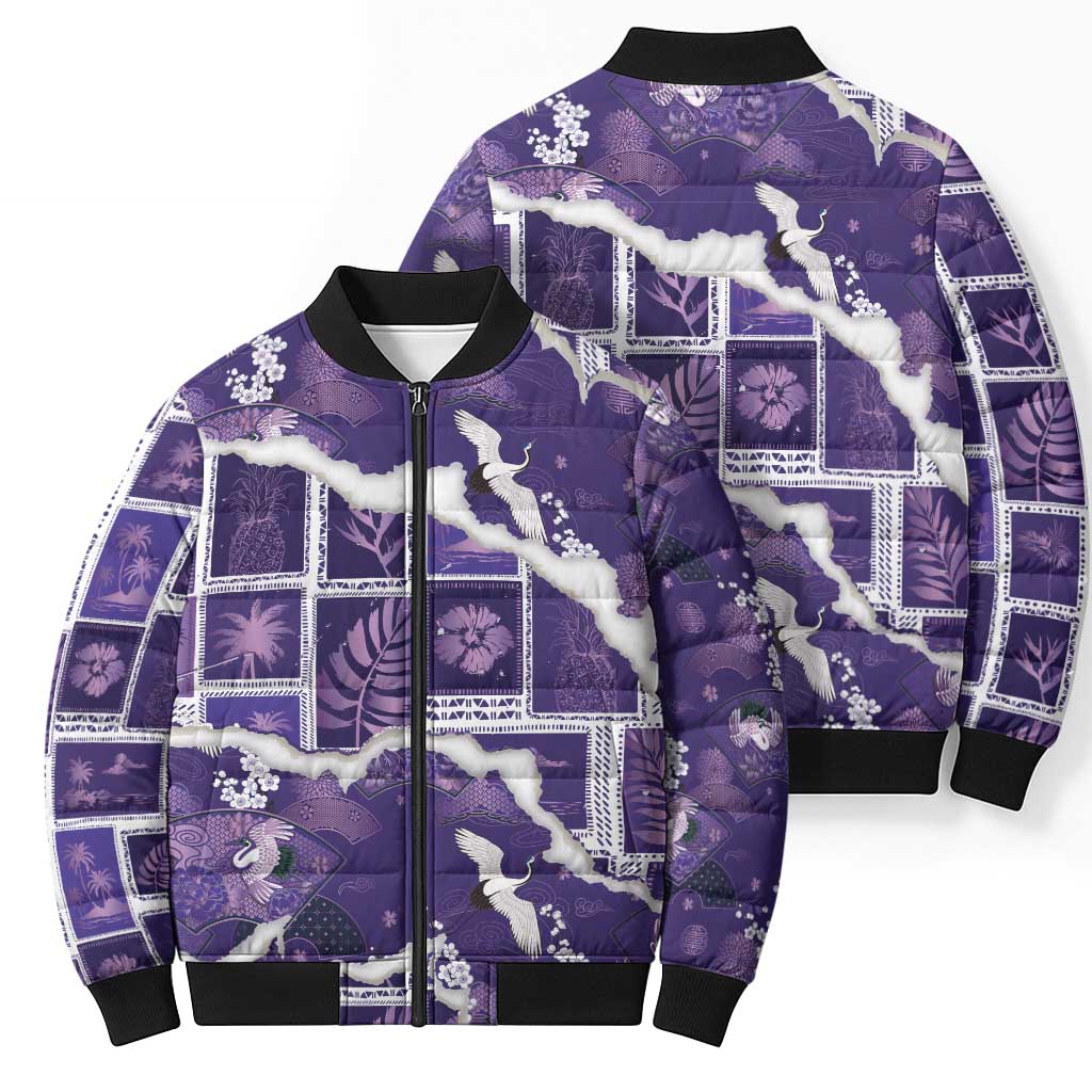 Hawaii Japanese Culture Purple Bomber Puffer Jacket Spring Cranes Aloha Pattern LT01 - Polynesian Pride