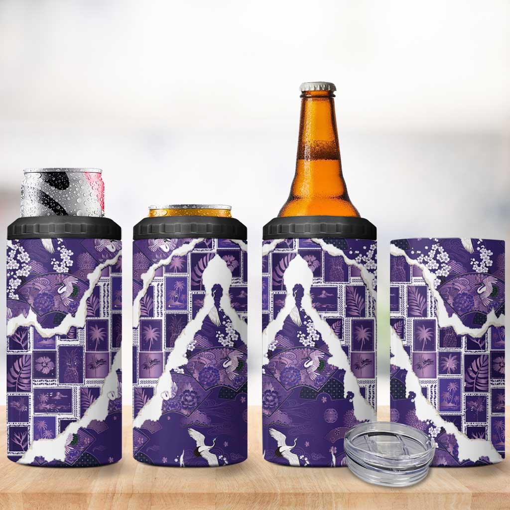 Hawaii Japanese Culture Purple 4 in 1 Can Cooler Tumbler Spring Cranes Aloha Pattern