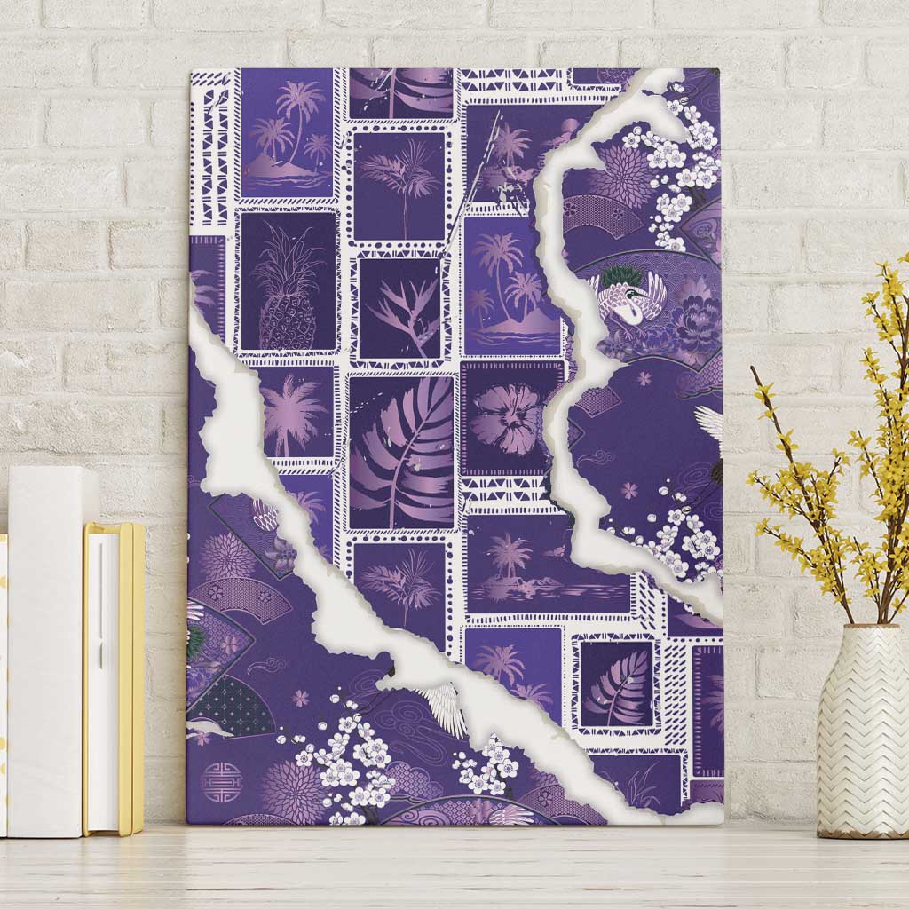Hawaii Japanese Culture Purple Canvas Wall Art Spring Cranes Aloha Pattern