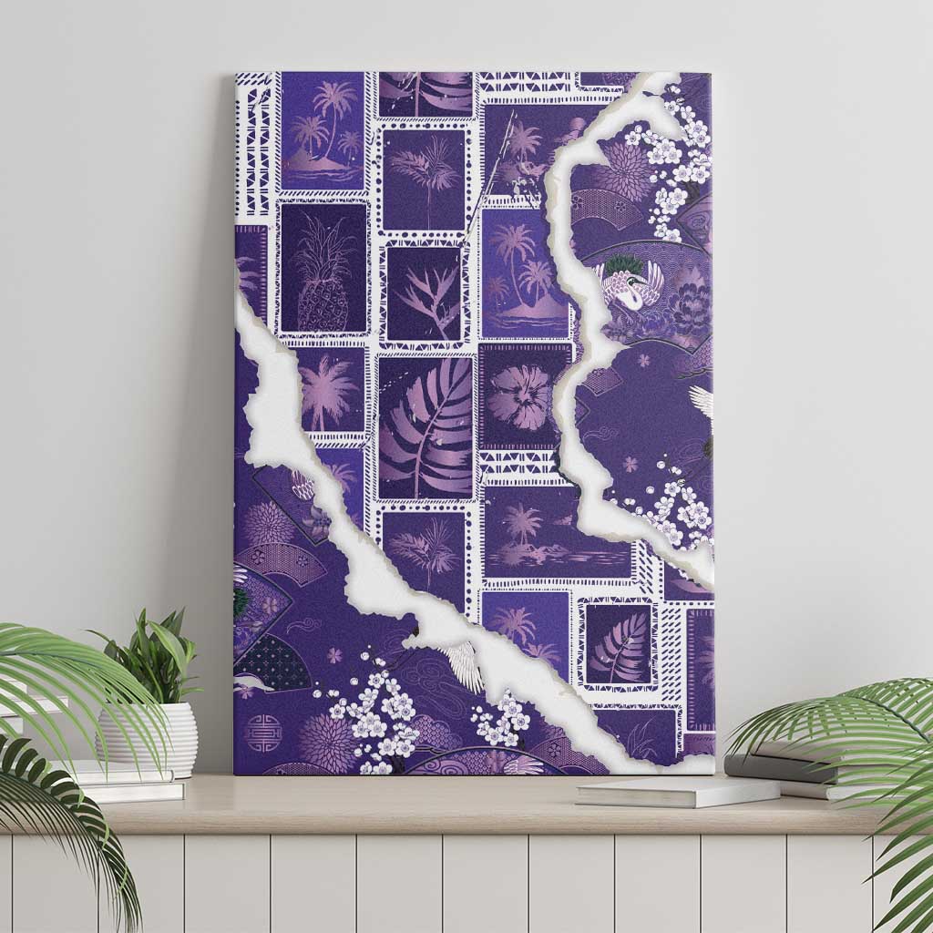 Hawaii Japanese Culture Purple Canvas Wall Art Spring Cranes Aloha Pattern