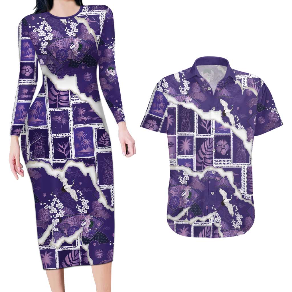 Hawaii Japanese Culture Purple Couples Matching Long Sleeve Bodycon Dress and Hawaiian Shirt Spring Cranes Aloha Pattern LT01 Purple - Polynesian Pride
