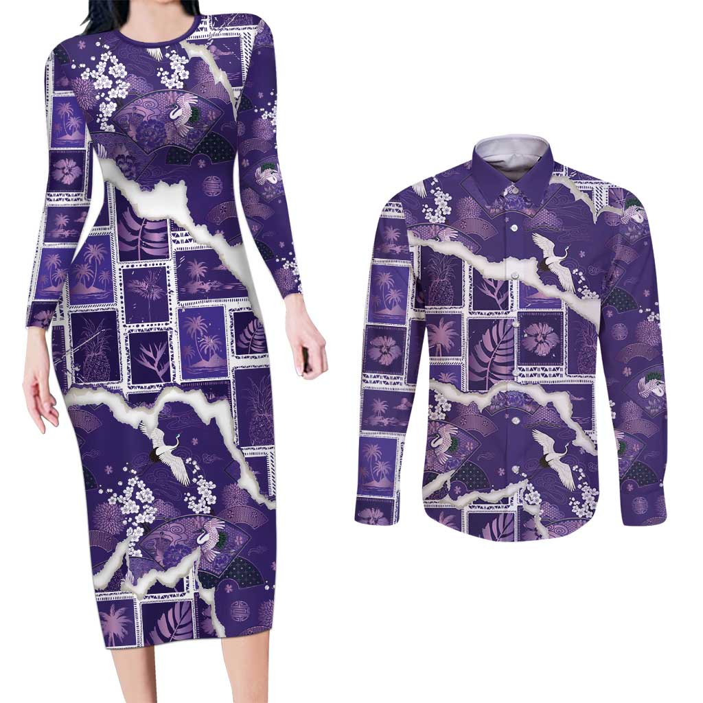 Hawaii Japanese Culture Purple Couples Matching Long Sleeve Bodycon Dress and Long Sleeve Button Shirt Spring Cranes Aloha Pattern LT01 Purple - Polynesian Pride