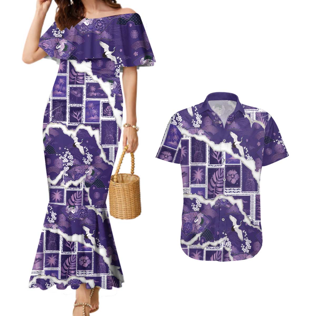 Hawaii Japanese Culture Purple Couples Matching Mermaid Dress and Hawaiian Shirt Spring Cranes Aloha Pattern LT01 Purple - Polynesian Pride