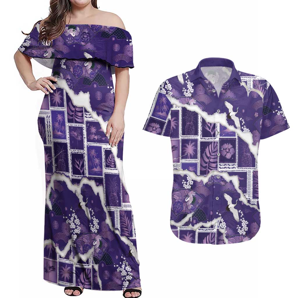 Hawaii Japanese Culture Purple Couples Matching Off Shoulder Maxi Dress and Hawaiian Shirt Spring Cranes Aloha Pattern LT01 Purple - Polynesian Pride