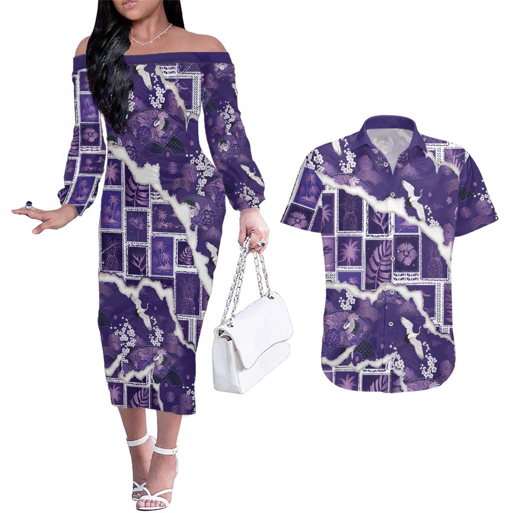 Hawaii Japanese Culture Purple Couples Matching Off The Shoulder Long Sleeve Dress and Hawaiian Shirt Spring Cranes Aloha Pattern LT01 Purple - Polynesian Pride