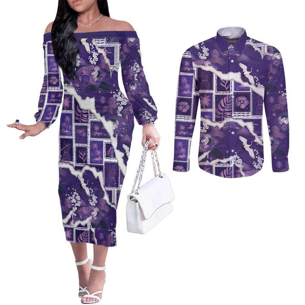 Hawaii Japanese Culture Purple Couples Matching Off The Shoulder Long Sleeve Dress and Long Sleeve Button Shirt Spring Cranes Aloha Pattern LT01 Purple - Polynesian Pride