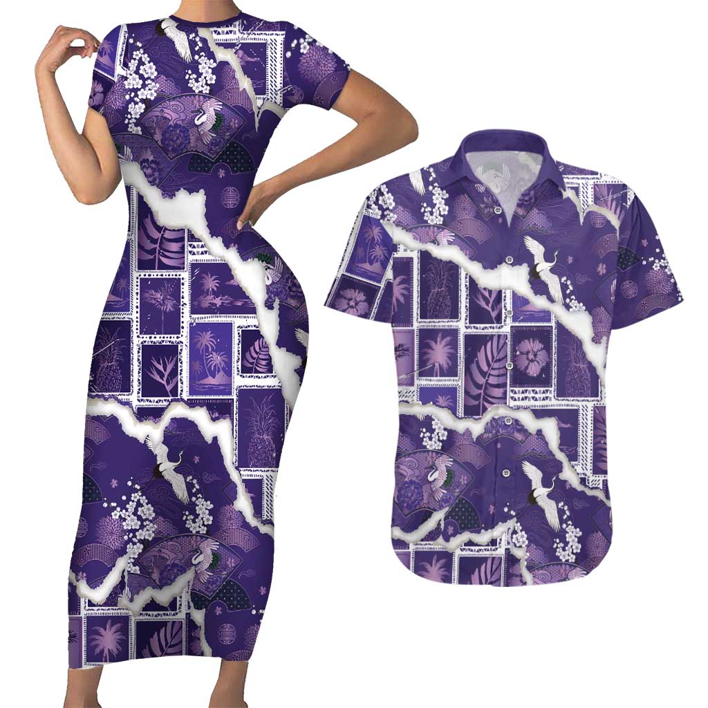 Hawaii Japanese Culture Purple Couples Matching Short Sleeve Bodycon Dress and Hawaiian Shirt Spring Cranes Aloha Pattern LT01 Purple - Polynesian Pride