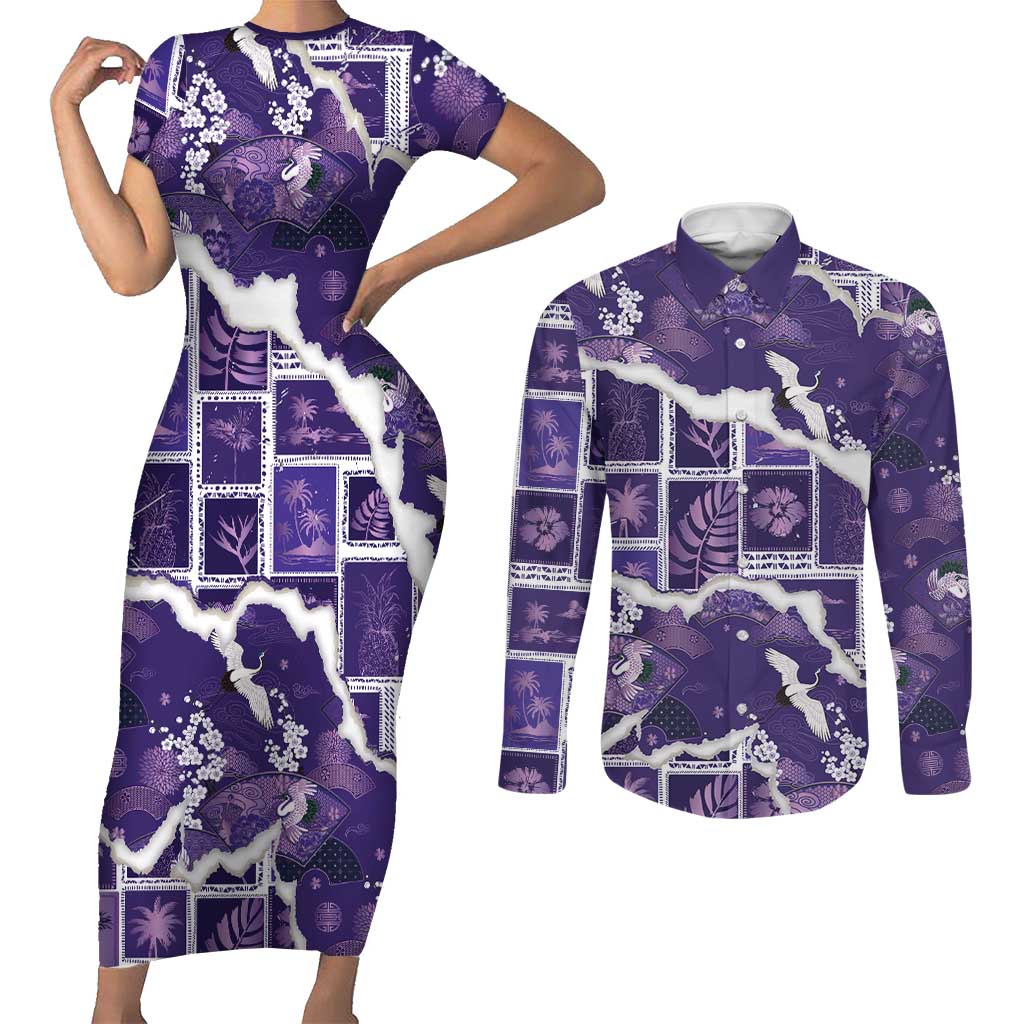 Hawaii Japanese Culture Purple Couples Matching Short Sleeve Bodycon Dress and Long Sleeve Button Shirt Spring Cranes Aloha Pattern LT01 Purple - Polynesian Pride