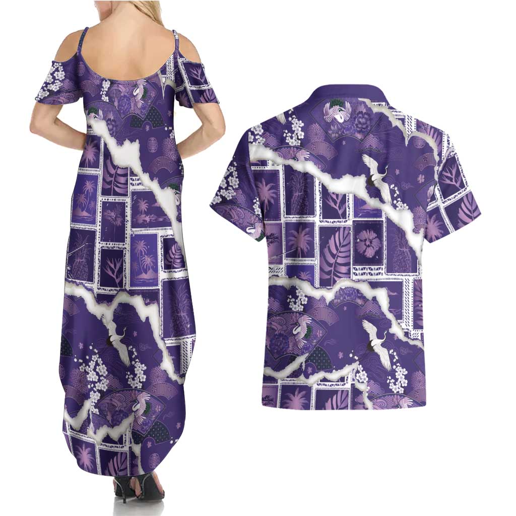 Hawaii Japanese Culture Purple Couples Matching Summer Maxi Dress and Hawaiian Shirt Spring Cranes Aloha Pattern LT01 - Polynesian Pride