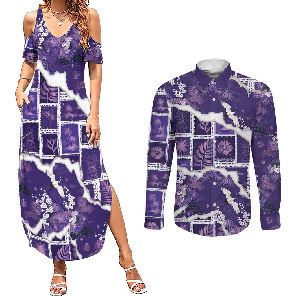 Hawaii Japanese Culture Purple Couples Matching Summer Maxi Dress and Long Sleeve Button Shirt Spring Cranes Aloha Pattern LT01 Purple - Polynesian Pride