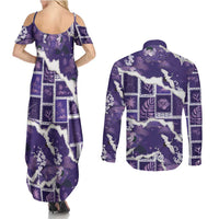 Hawaii Japanese Culture Purple Couples Matching Summer Maxi Dress and Long Sleeve Button Shirt Spring Cranes Aloha Pattern