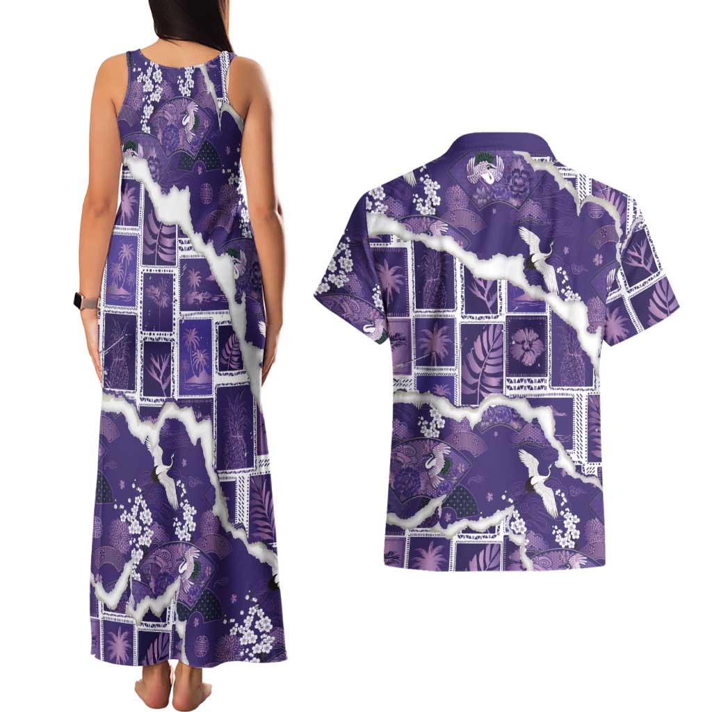 Hawaii Japanese Culture Purple Couples Matching Tank Maxi Dress and Hawaiian Shirt Spring Cranes Aloha Pattern LT01 - Polynesian Pride