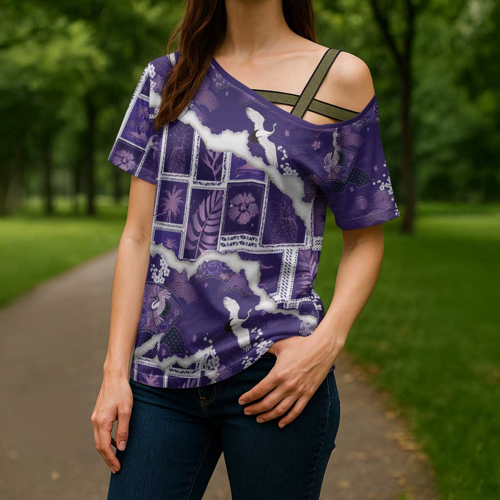 Hawaii Japanese Culture Purple Cross Shoulder Shirt Spring Cranes Aloha Pattern