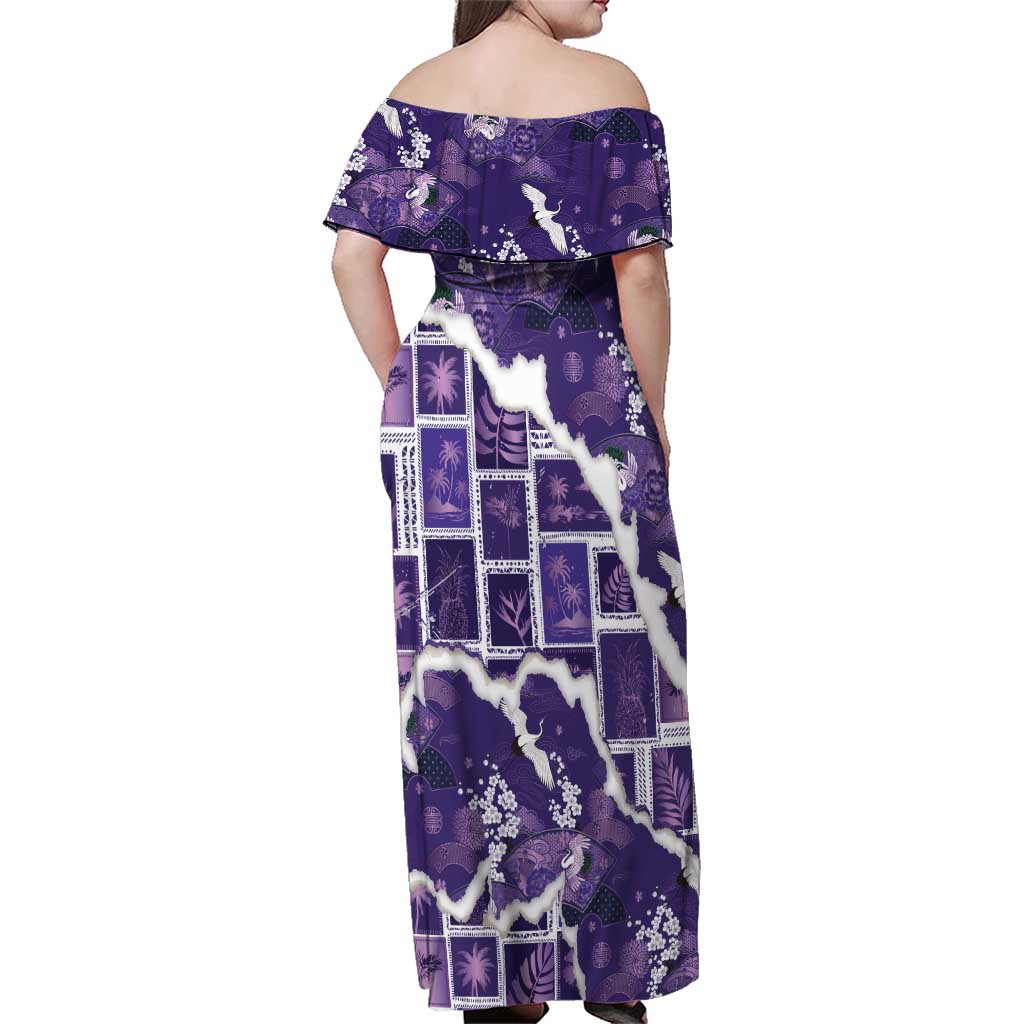Hawaii Japanese Culture Purple Family Matching Off Shoulder Maxi Dress and Hawaiian Shirt Spring Cranes Aloha Pattern