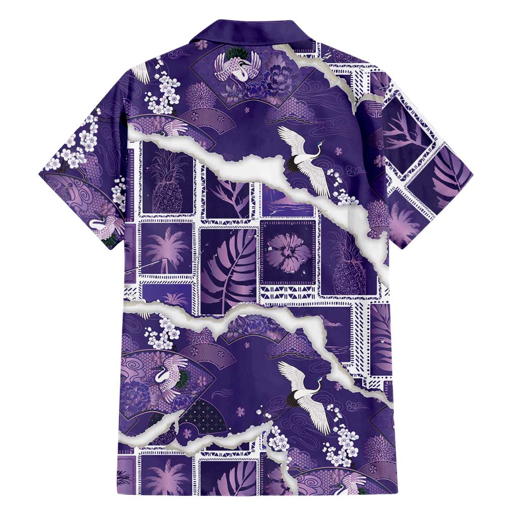 Hawaii Japanese Culture Purple Family Matching Off Shoulder Short Dress and Hawaiian Shirt Spring Cranes Aloha Pattern