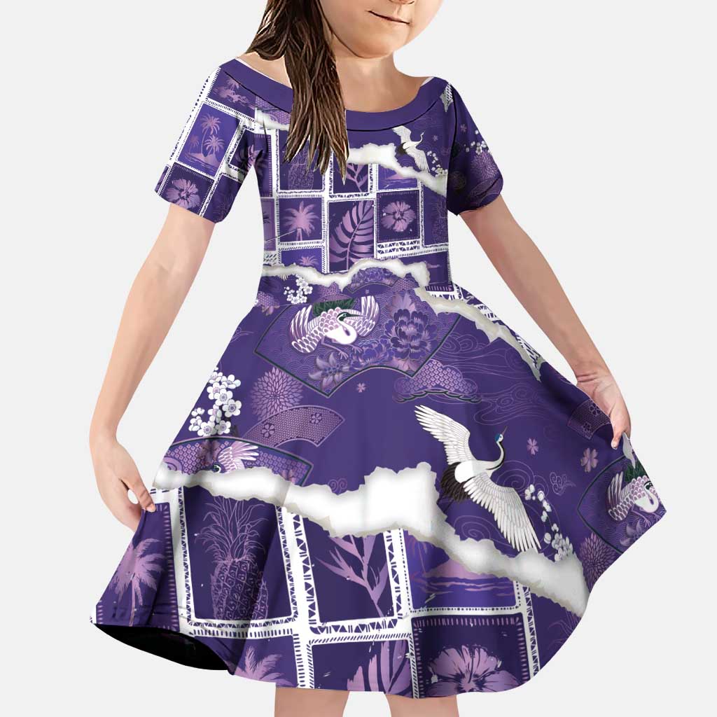 Hawaii Japanese Culture Purple Family Matching Puletasi and Hawaiian Shirt Spring Cranes Aloha Pattern LT01 Daughter's Dress Purple - Polynesian Pride