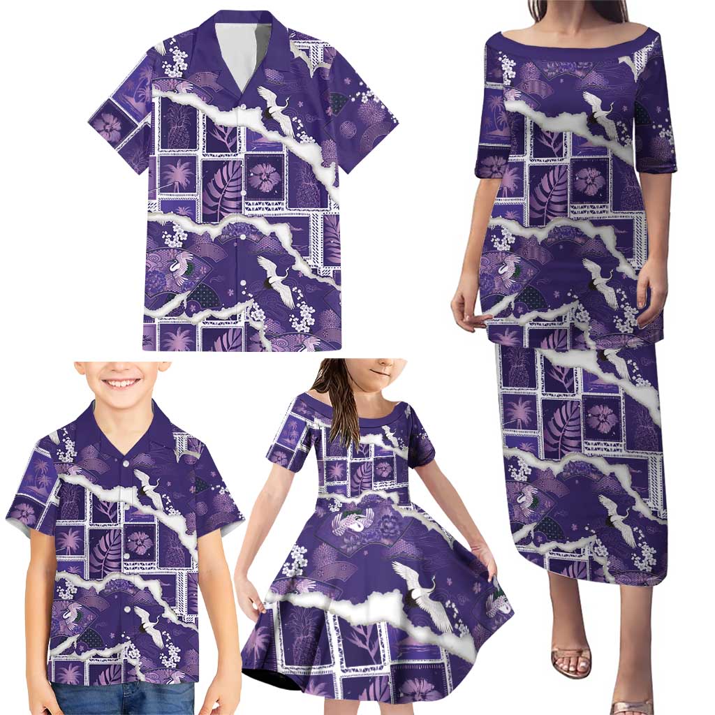 Hawaii Japanese Culture Purple Family Matching Puletasi and Hawaiian Shirt Spring Cranes Aloha Pattern LT01 - Polynesian Pride
