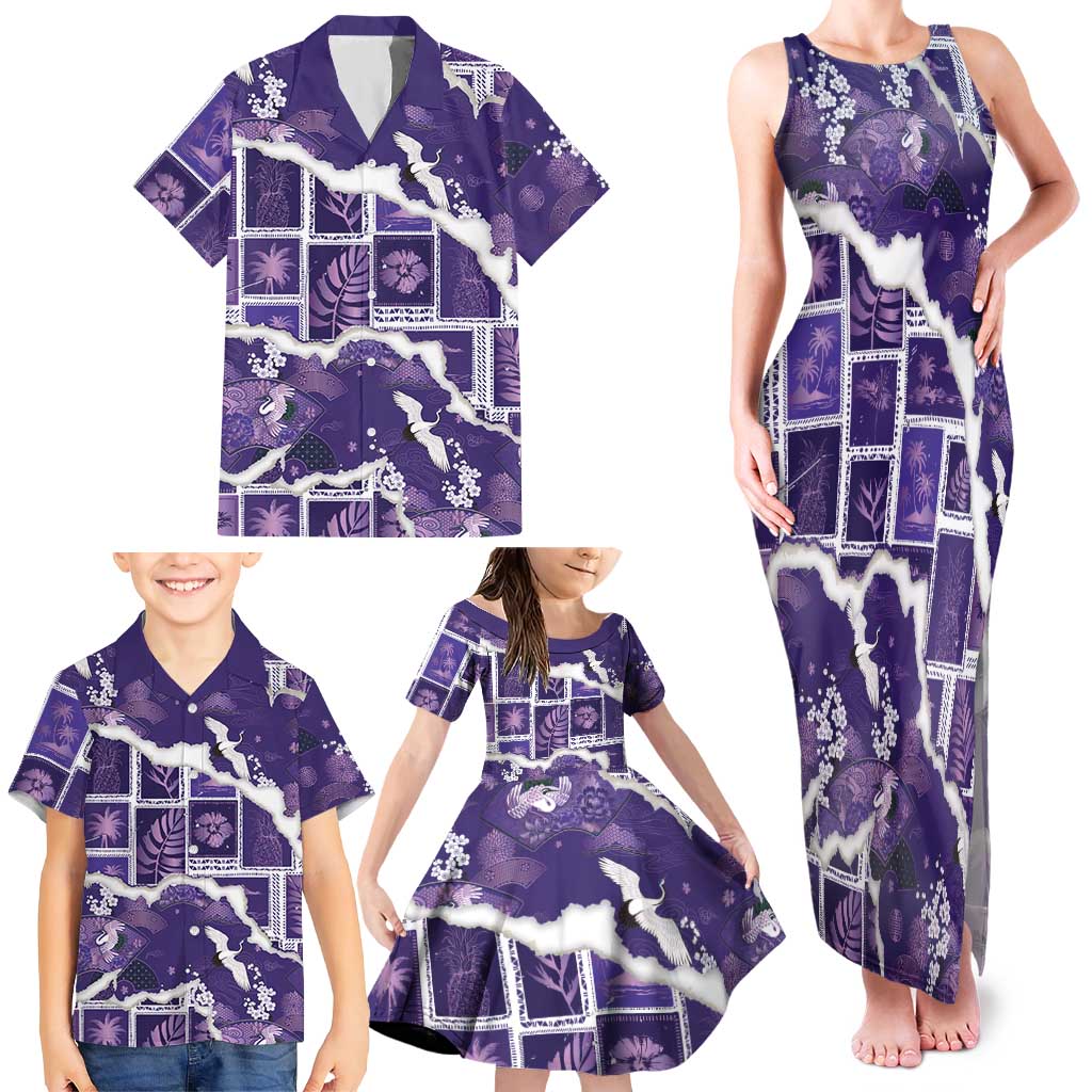 Hawaii Japanese Culture Purple Family Matching Tank Maxi Dress and Hawaiian Shirt Spring Cranes Aloha Pattern