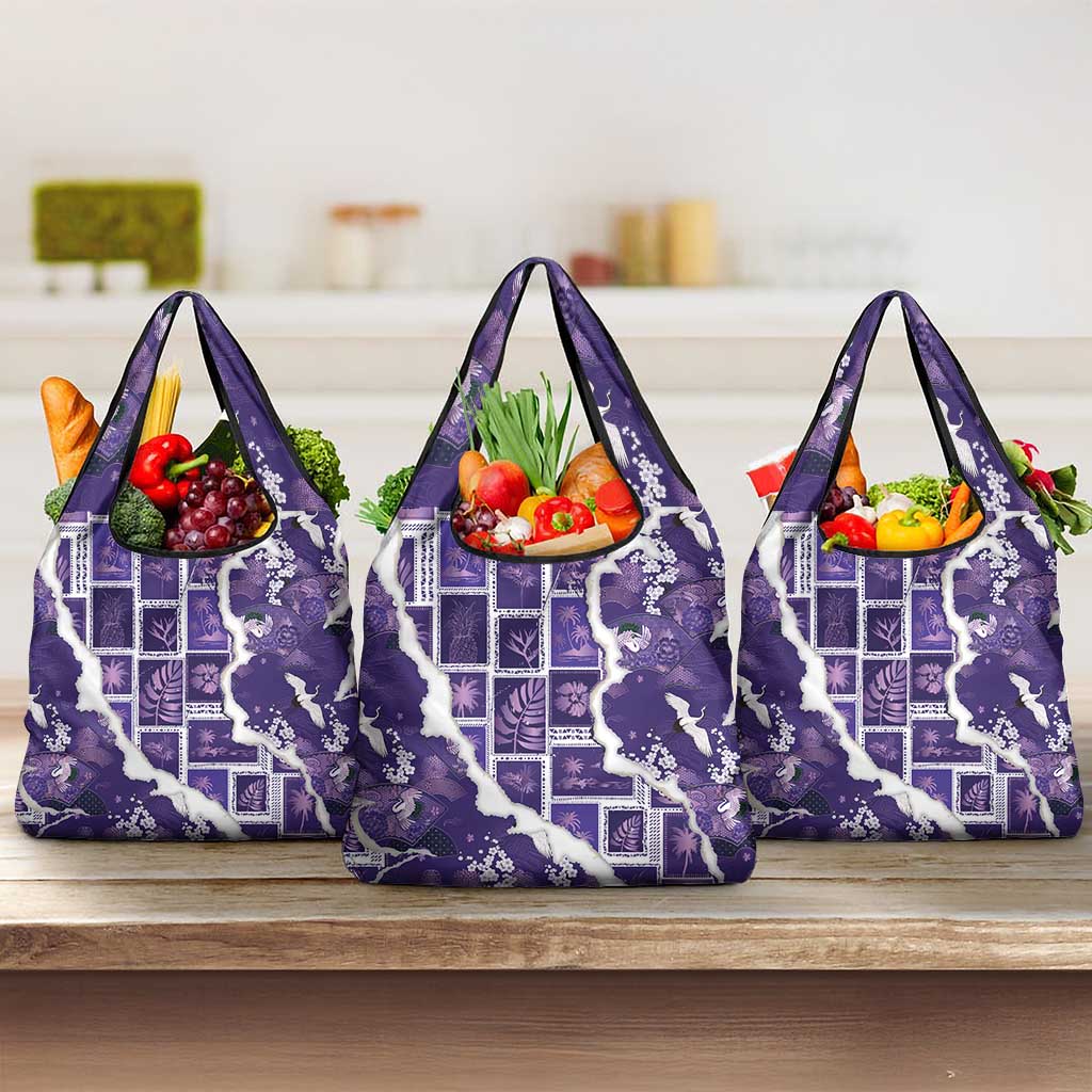 Hawaii Japanese Culture Purple Grocery Bag Spring Cranes Aloha Pattern