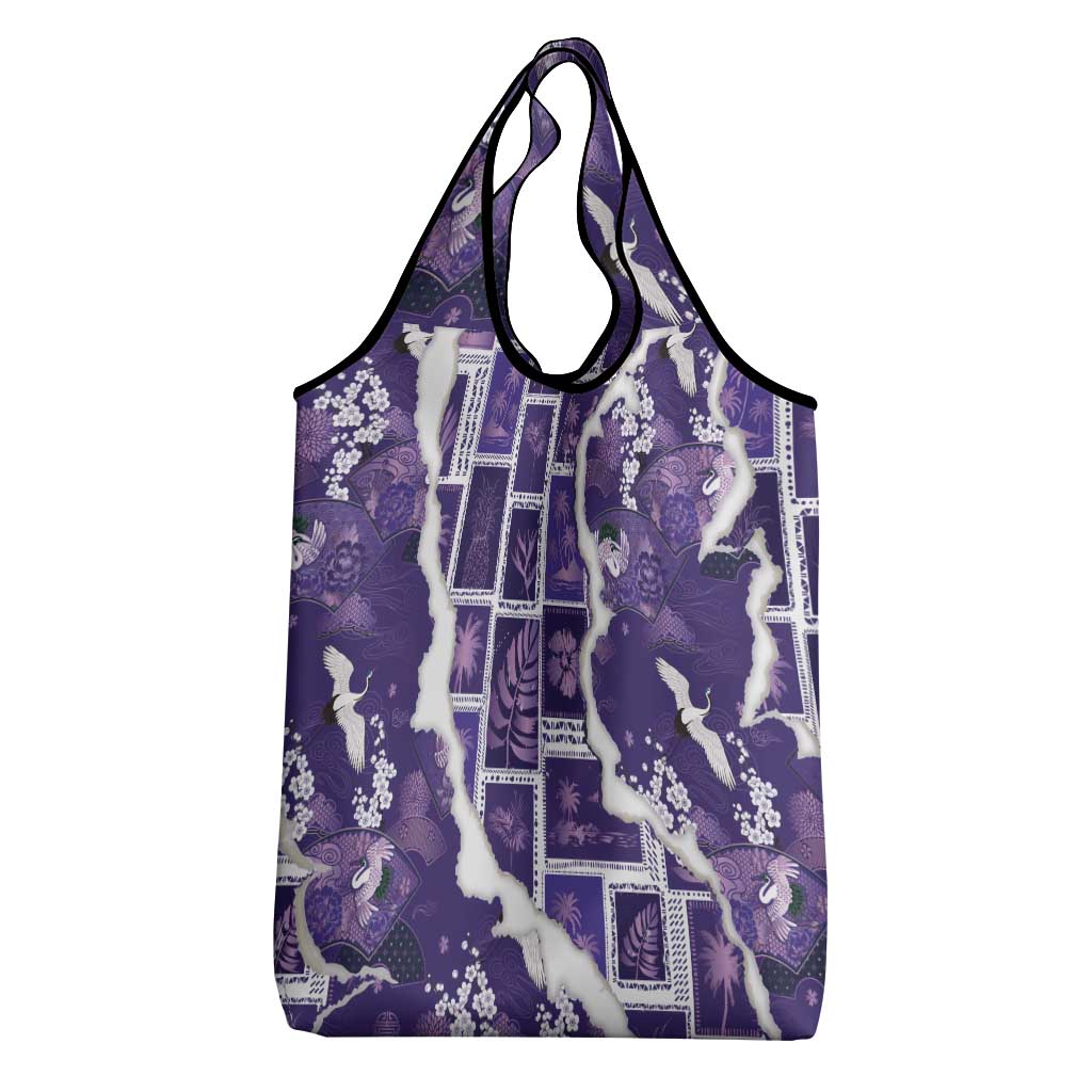 Hawaii Japanese Culture Purple Grocery Bag Spring Cranes Aloha Pattern