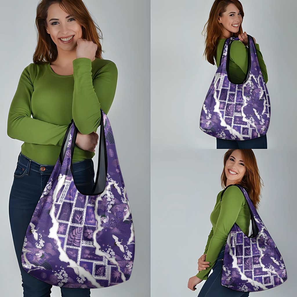 Hawaii Japanese Culture Purple Grocery Bag Spring Cranes Aloha Pattern