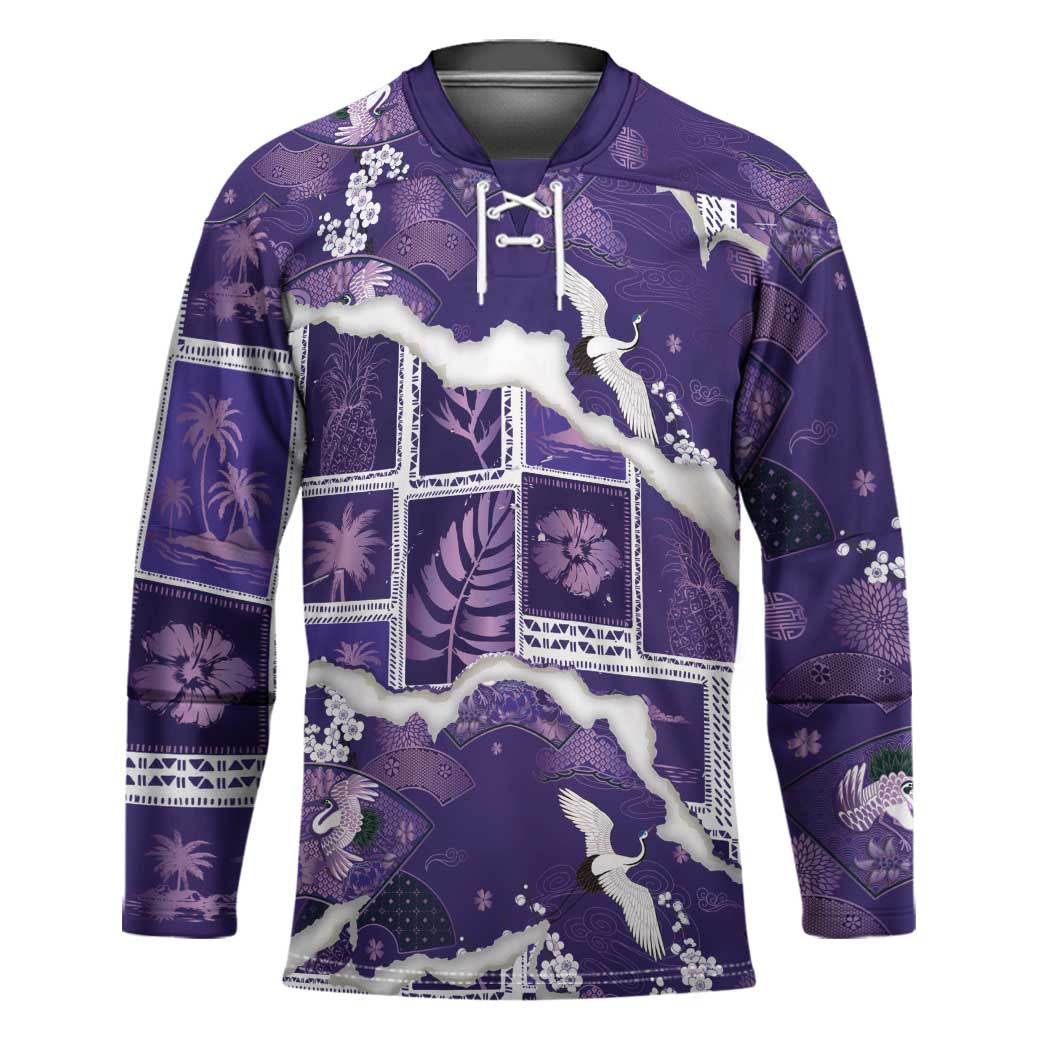 Hawaii Japanese Culture Purple Hockey Jersey Spring Cranes Aloha Pattern LT01 Unisex Purple - Polynesian Pride