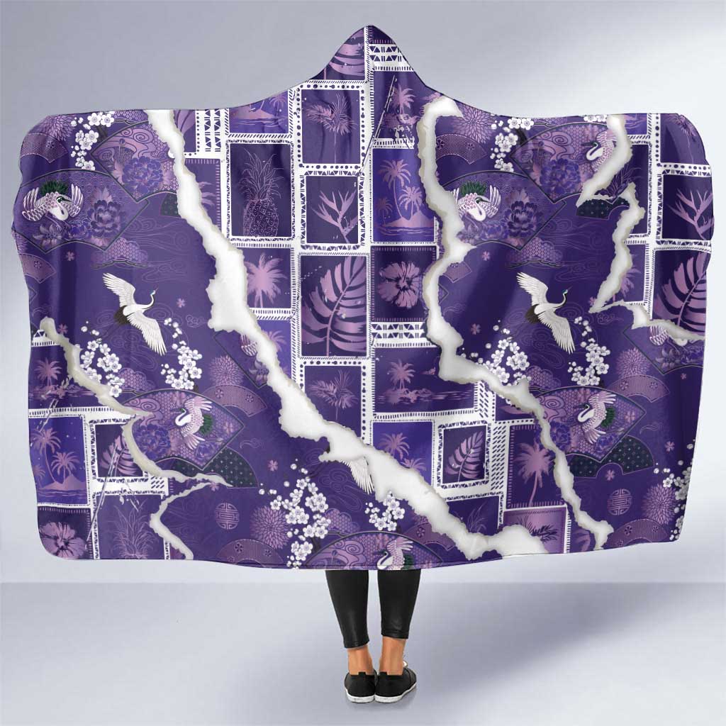 Hawaii Japanese Culture Purple Hooded Blanket Spring Cranes Aloha Pattern