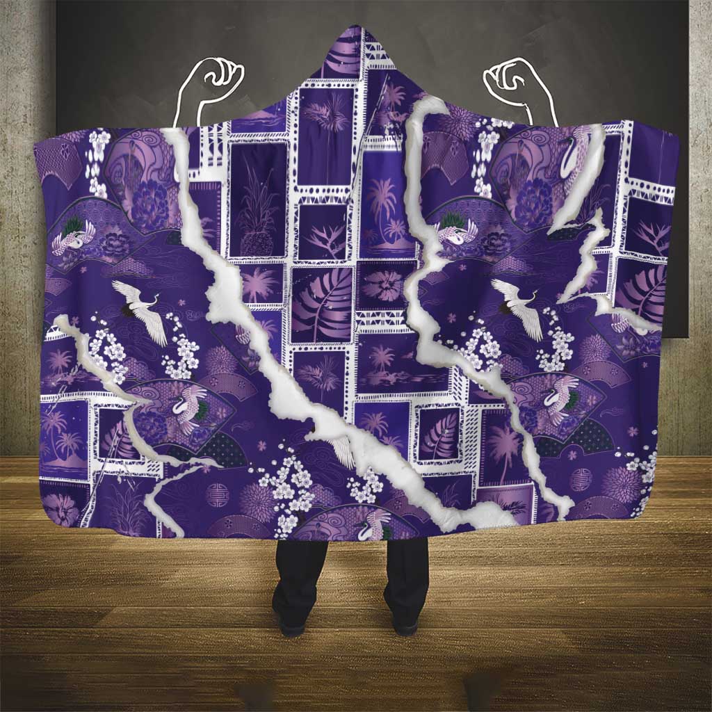 Hawaii Japanese Culture Purple Hooded Blanket Spring Cranes Aloha Pattern