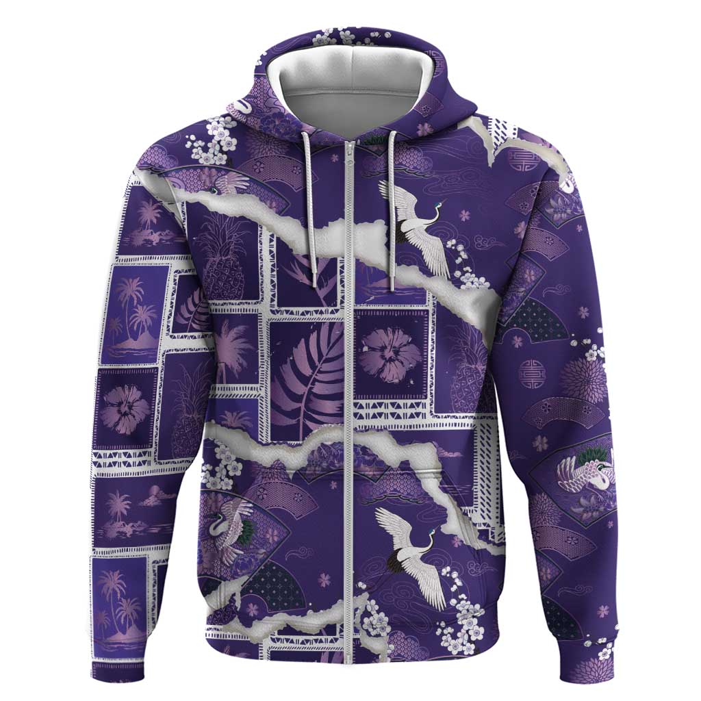 Hawaii Japanese Culture Purple Hoodie Spring Cranes Aloha Pattern