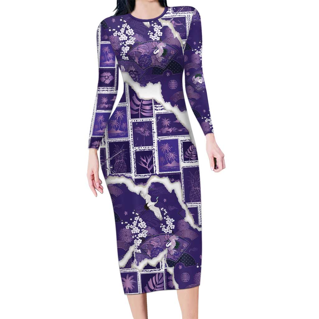 Hawaii Japanese Culture Purple Long Sleeve Bodycon Dress Spring Cranes Aloha Pattern